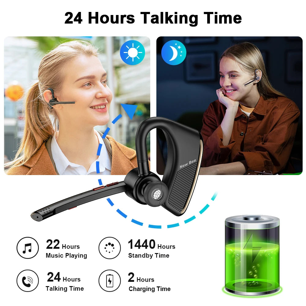 New Bee M50 Wireless Bluetooth Headset Earphones Headphone with Dual Mic Hands-free Earbuds CVC8.0 Noise Cancelling Earpiece