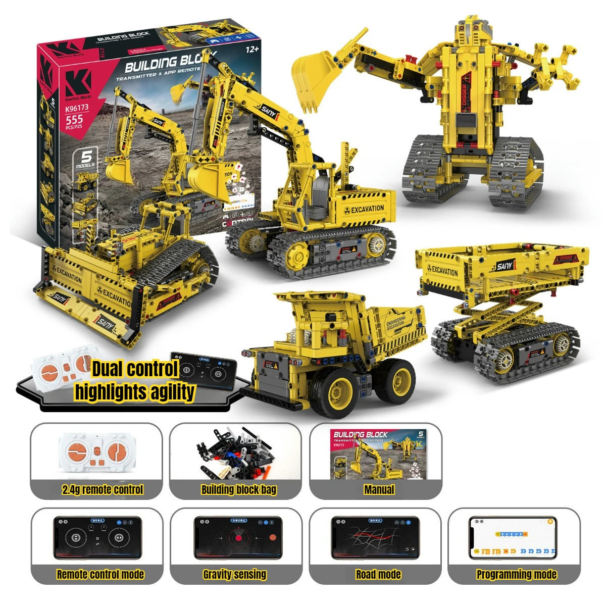 Robot de construcción de vástago 5 en 1, kits de 55 piezas para niños, aplicación y Control remoto, juguetes de construcción de excavadora, erector programable, regalo - Drop4u